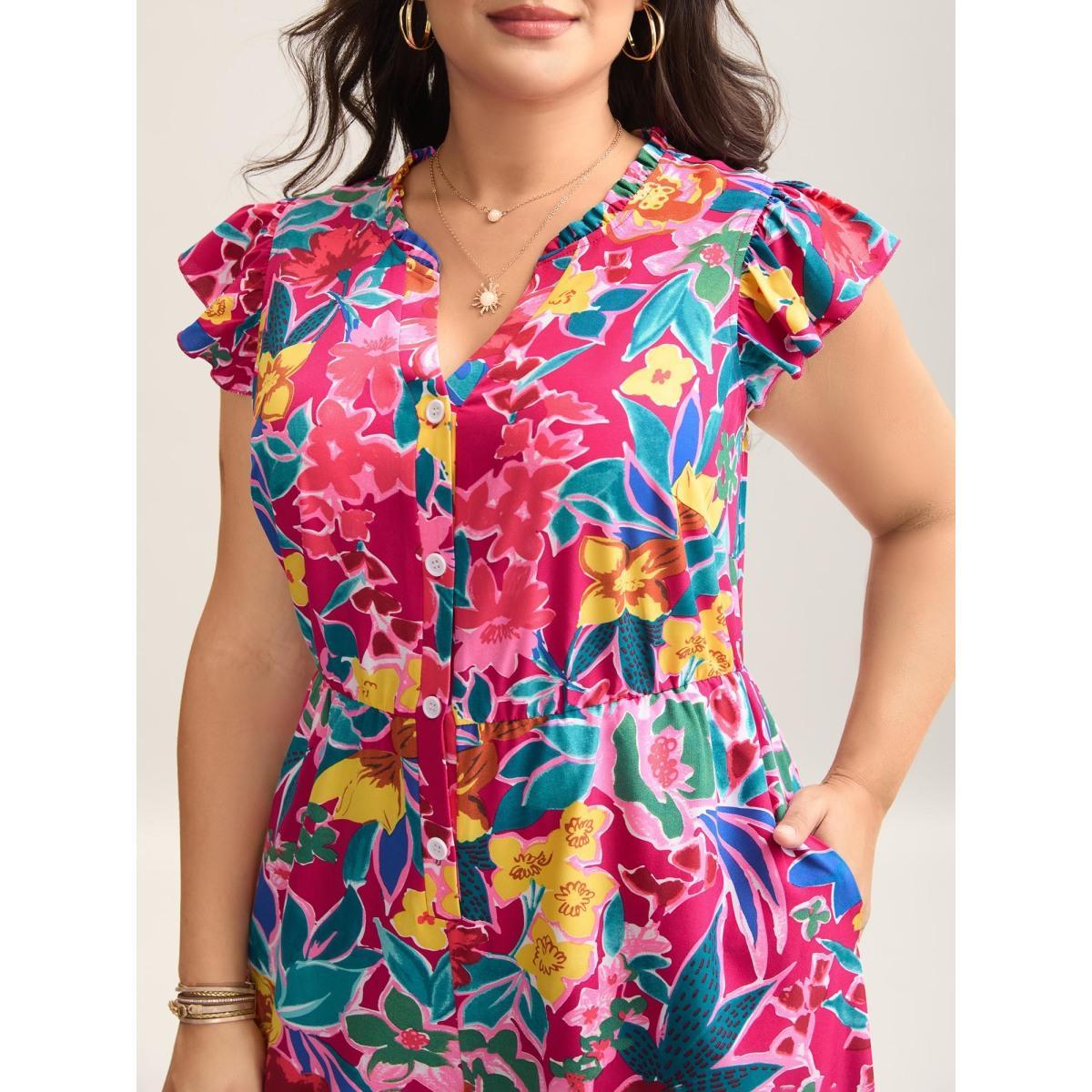 Plus Size RedViolet Sunkissed Floral Print Button Wide-Leg Jumpsuit Women Cap Sleeve Notched collar Vacation Loose Jumpsuits BloomChic 14-16/1X Product Image