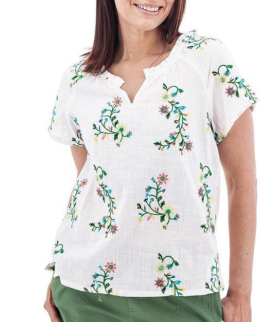 Aventura Lorena Floral Embroidery Split V-Neck Raglan Sleeves Mini Ruched Woven Top Product Image