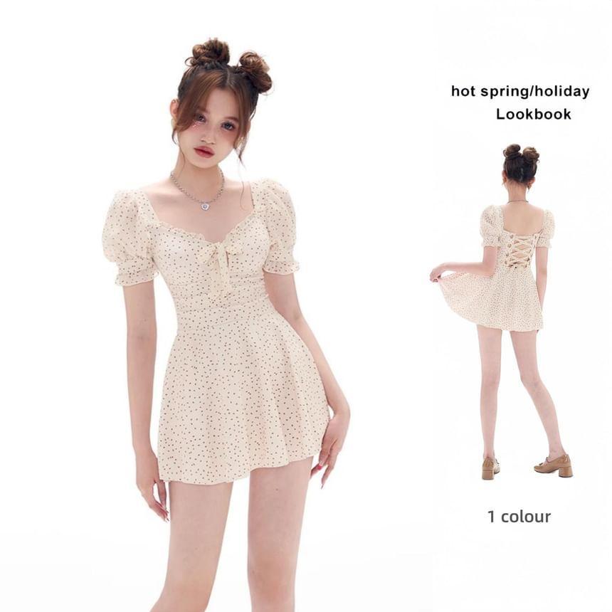 Short Sleeve V-Neck Patterned Print Bow Swimdress Product Image