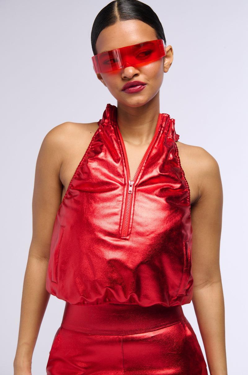SPACE CADET SLEEVELESS METALLIC ZIP UP TOP IN RED Product Image