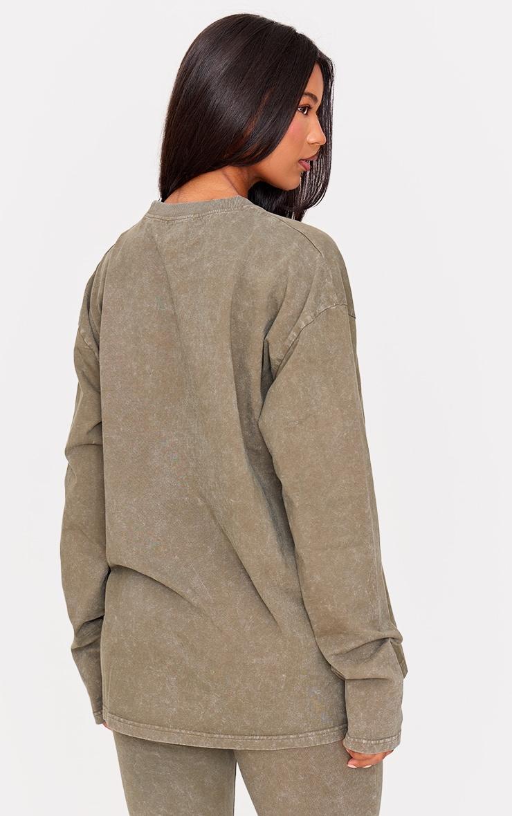 PRETTYLITTLETHING Olive Embossed Logo Washed Long Sleeve T-shirt Product Image