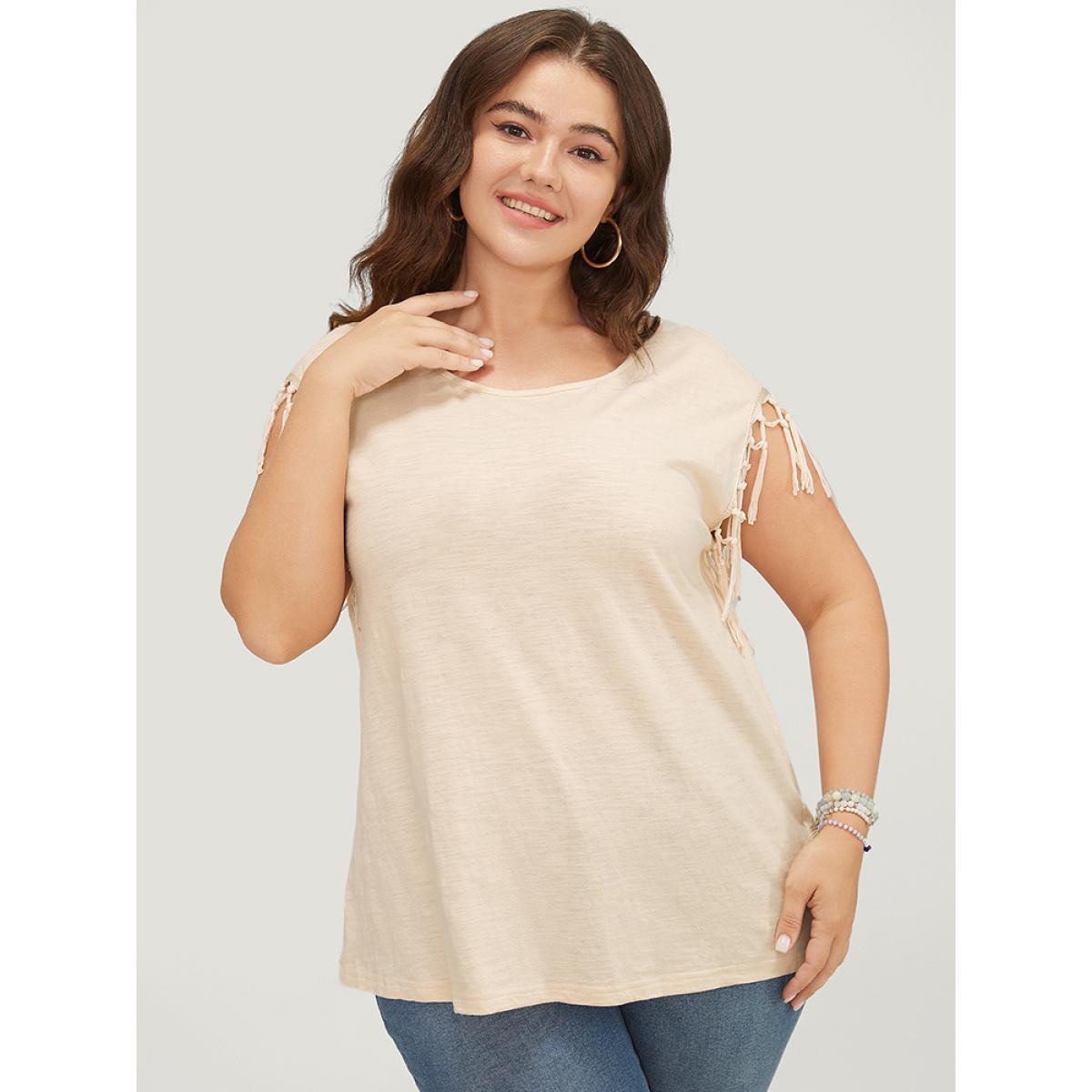 Plus Size Solid Fringe Trim Batwing Sleeve T-shirt Beige Women Elegant Tassels Plain Round Neck Dailywear T-shirts BloomChic 12/L Product Image