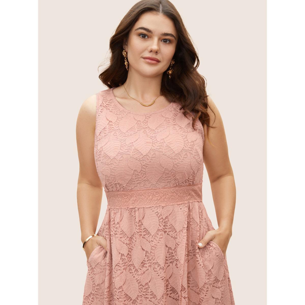 Plus Size Crochet Lace Wrap Hem Tank Midi Dress Blush Women Elegant Petal edge Round Neck Sleeveless Curvy BloomChic 14-16/1X Product Image