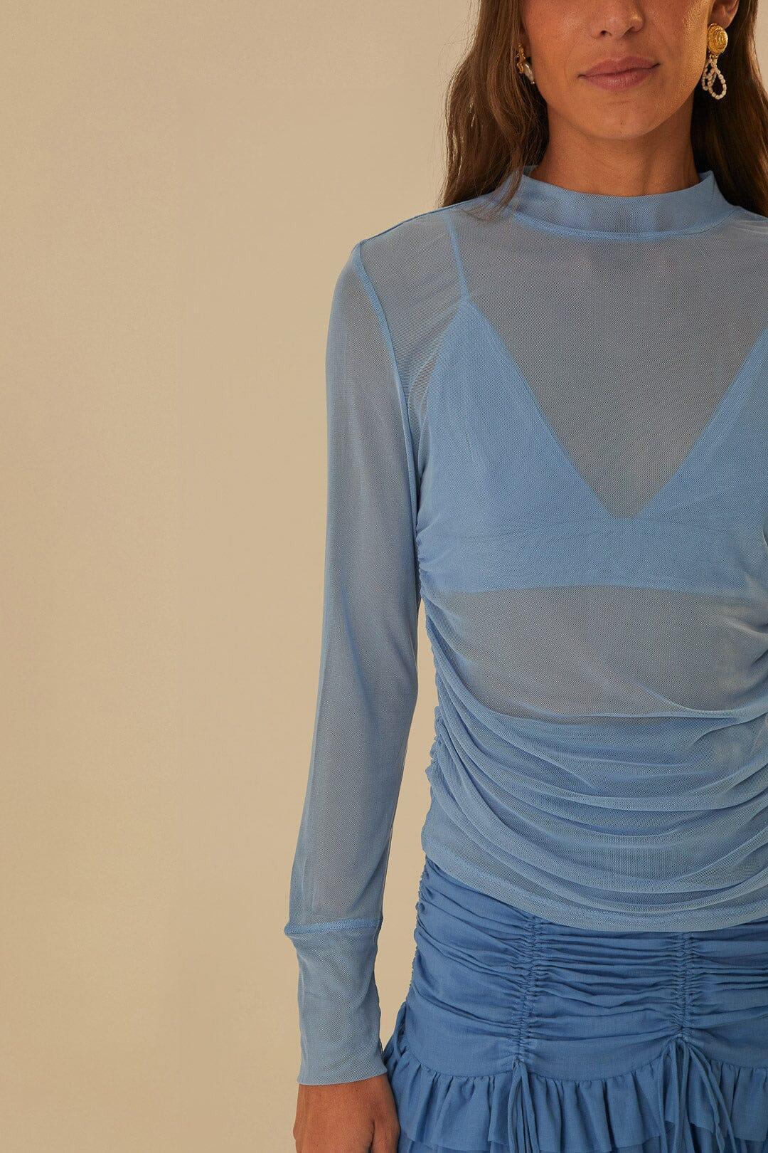 Blue Tulle Long Sleeved Blouse, BLUE / XS Product Image
