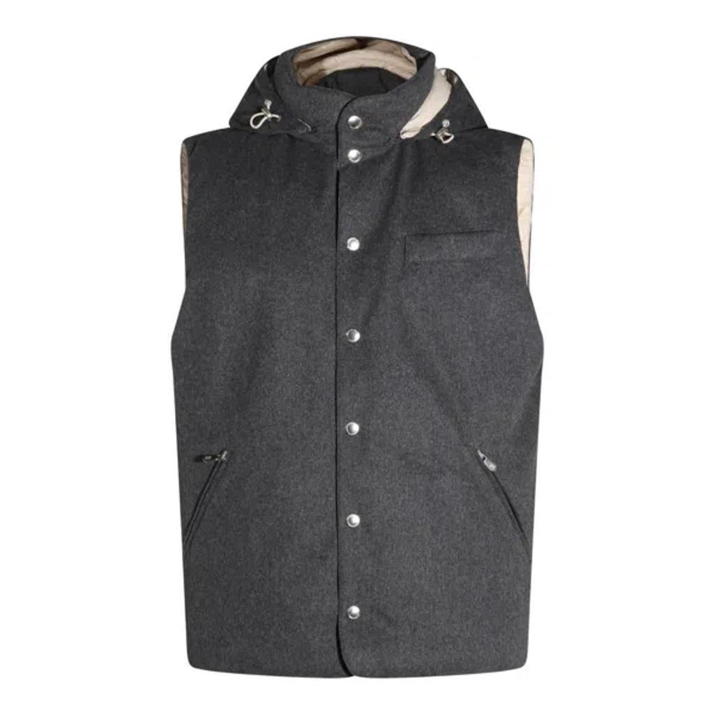 BRUNELLO CUCINELLI Sleeveless Down Jacket In Membraned Wool Flannel With Detachable Hood In Grey Product Image