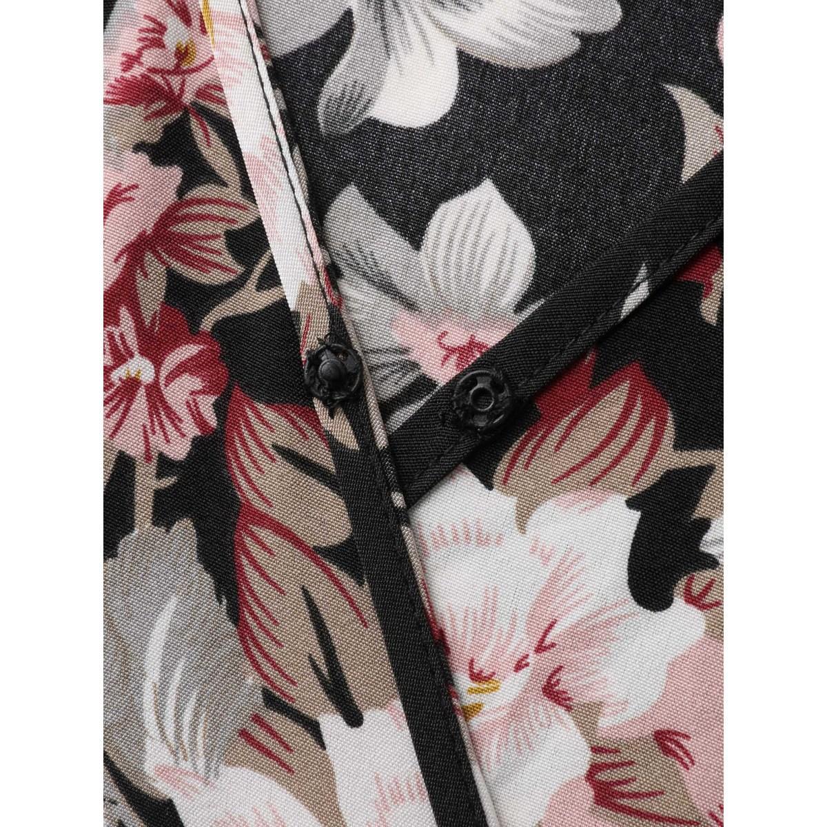Plus Size Black Floral Contrast Belted Wide-Leg Jumpsuit Women Elbow-length sleeve Overlap Collar Everyday-Elegant Loose Jumpsuits BloomChic 14-16/1X Product Image