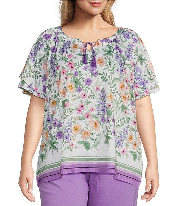 Allison Daley Plus Size Wildflower Border Print Flutter Sleeve Tassel Tie Neck Knit Top Product Image