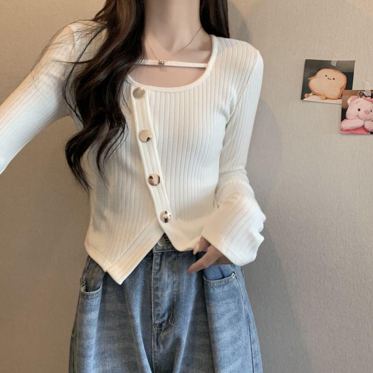 Long-Sleeve Scoop Neck Plain Asymmetrical Ribbed Knit Top Product Image