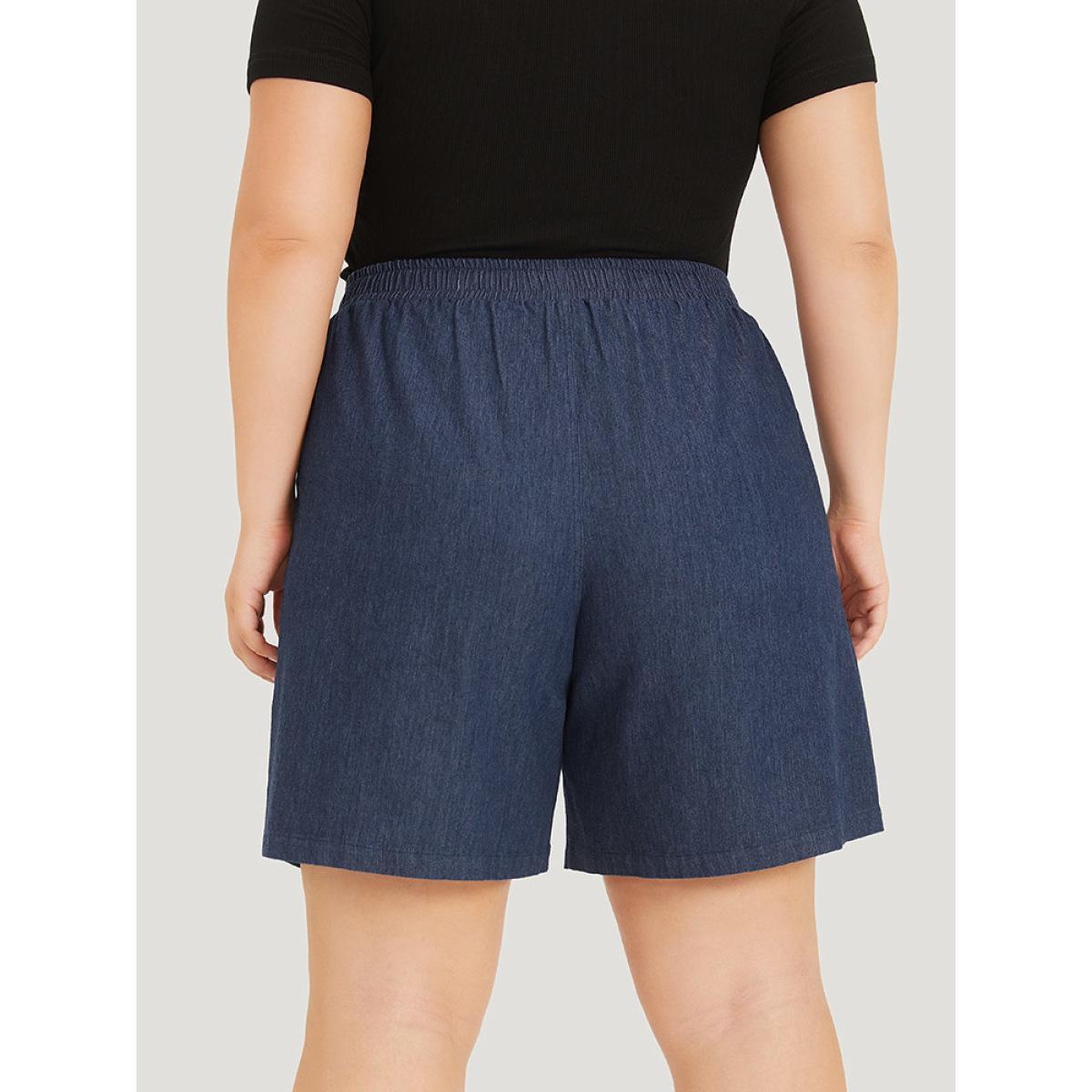 Plus Size Plain Ties Elastic Waist High Rise Shorts Women Indigo Casual Plain Dailywear Shorts BloomChic 22-24/3X Product Image