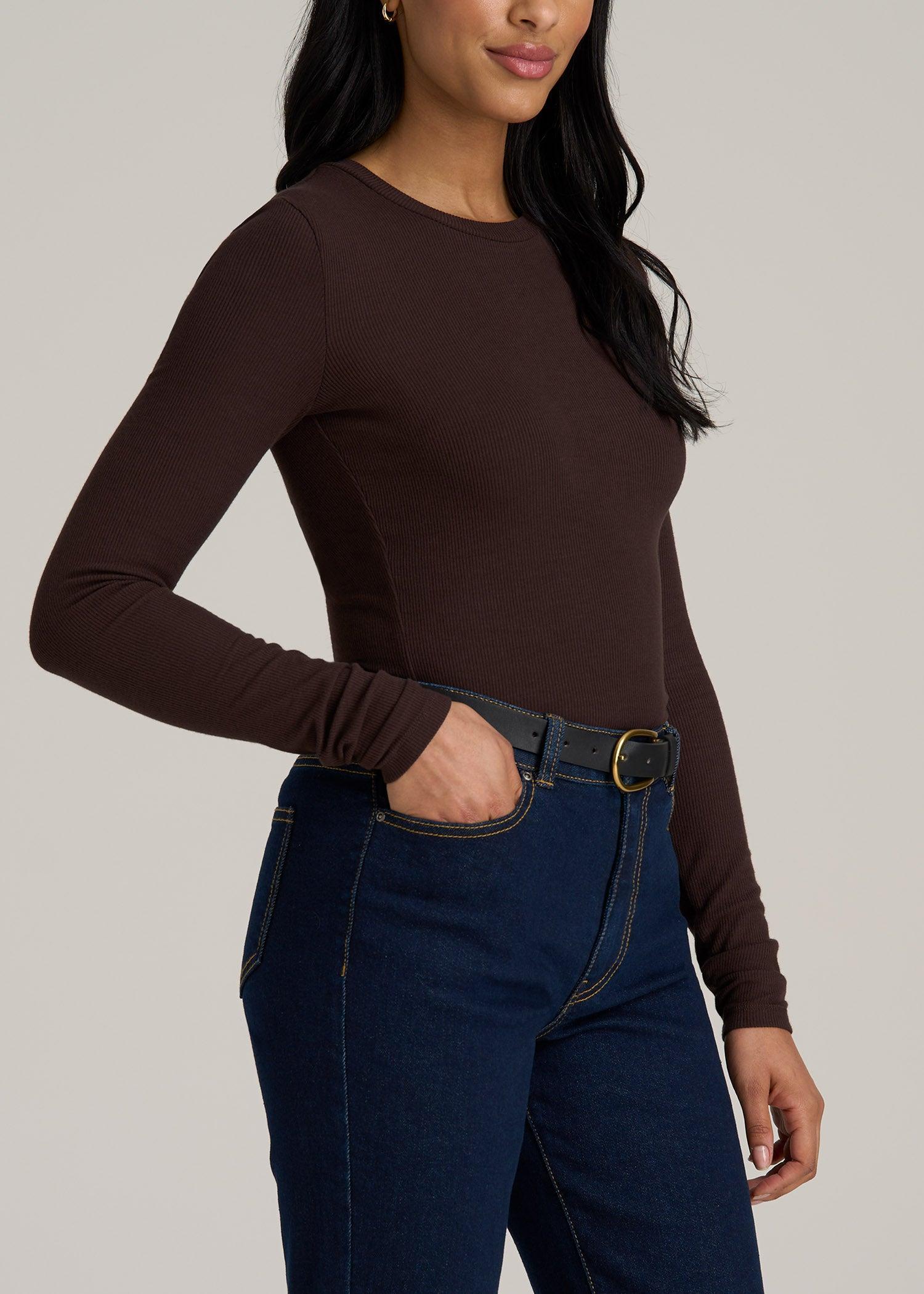 FITTED Ribbed Long Sleeve Tee for Tall Women in Espresso Product Image