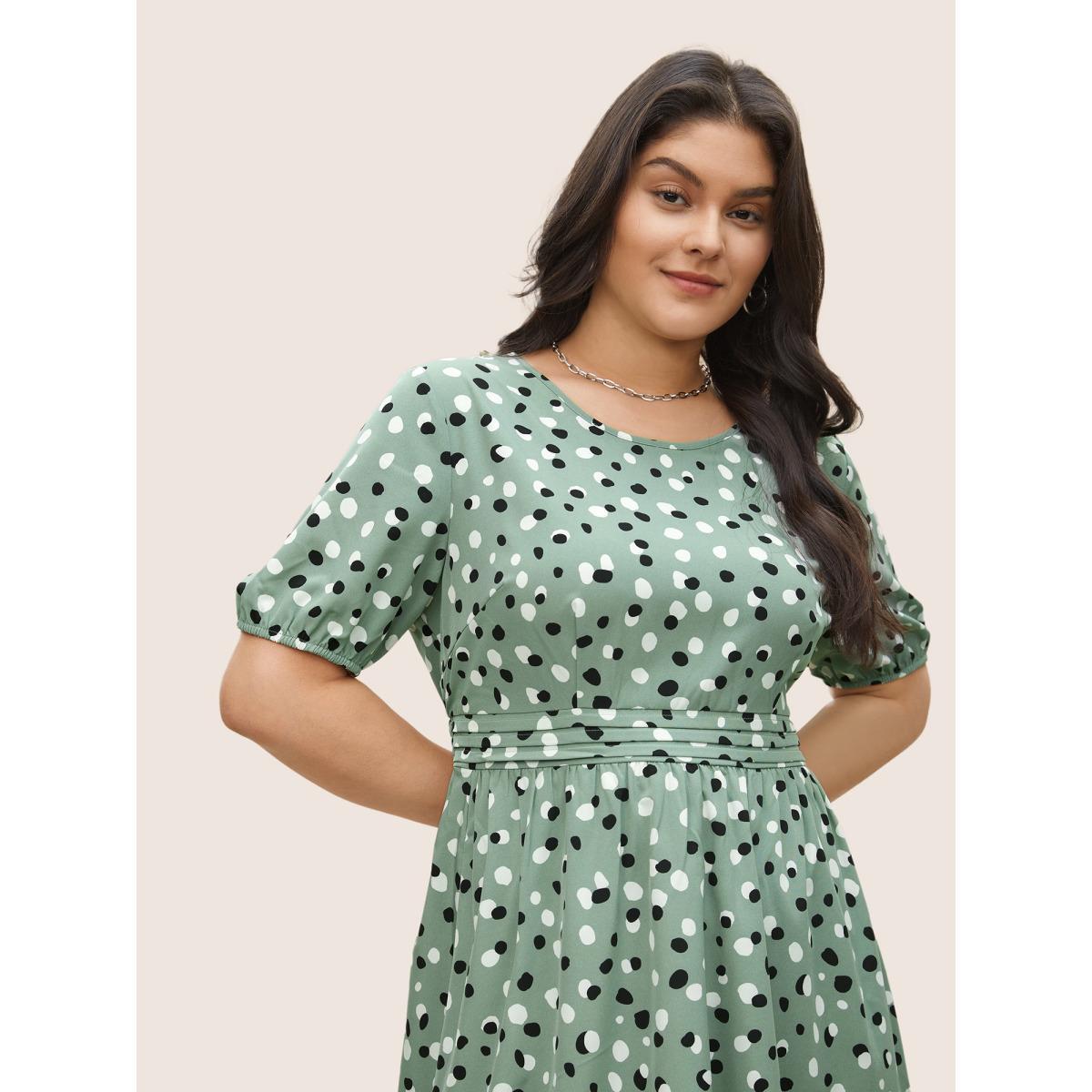 Plus Size Allover Print Pleated Lantern Sleeve Dress Sage Women Elegant Non Round Neck Short sleeve Curvy Midi Dress BloomChic 14-16/1X Product Image