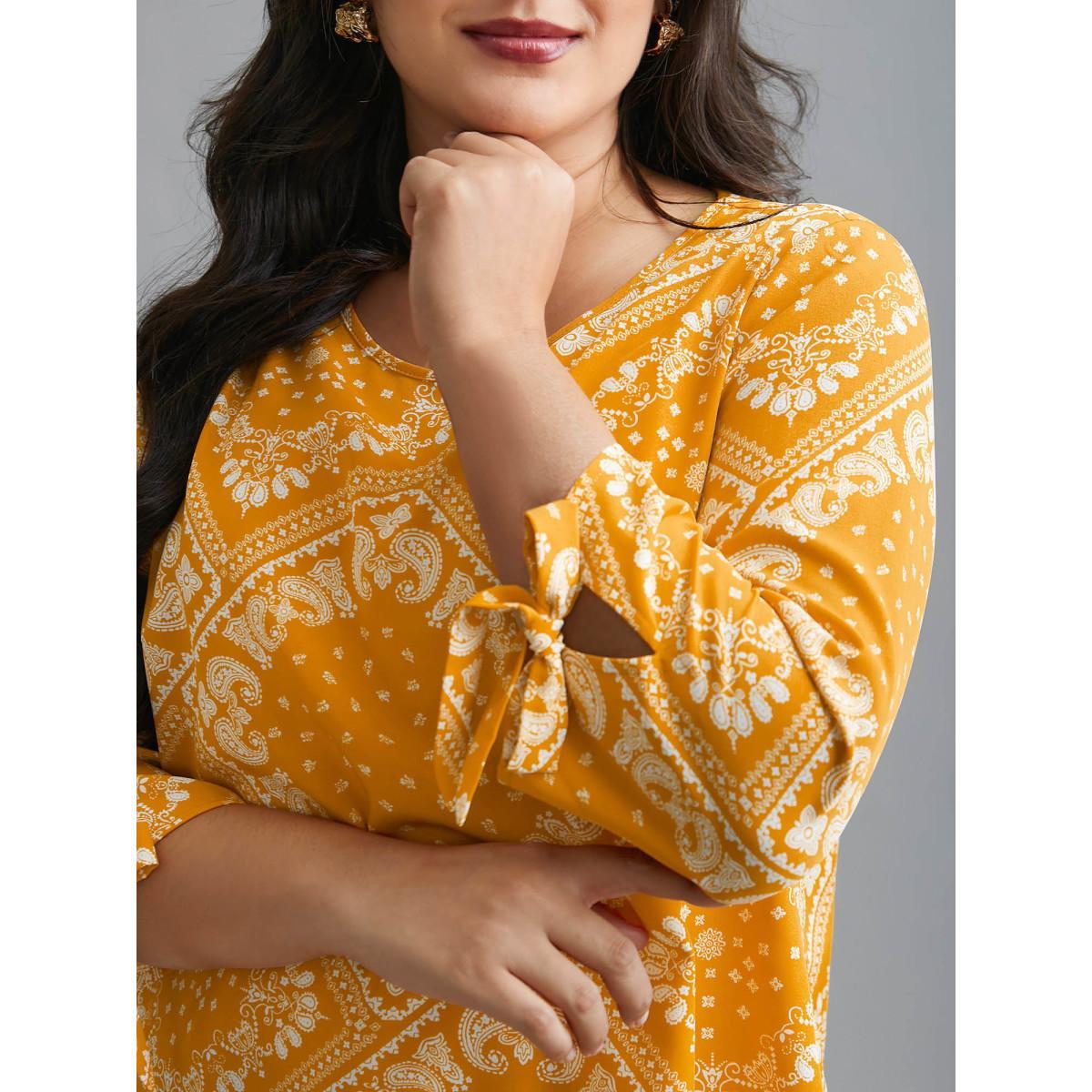 Plus Size Turmeric Round Neck Bandana Print Sleeve Tie Blouse Women Elegant Elbow-length sleeve Round Neck Everyday Blouses BloomChic 12/L Product Image