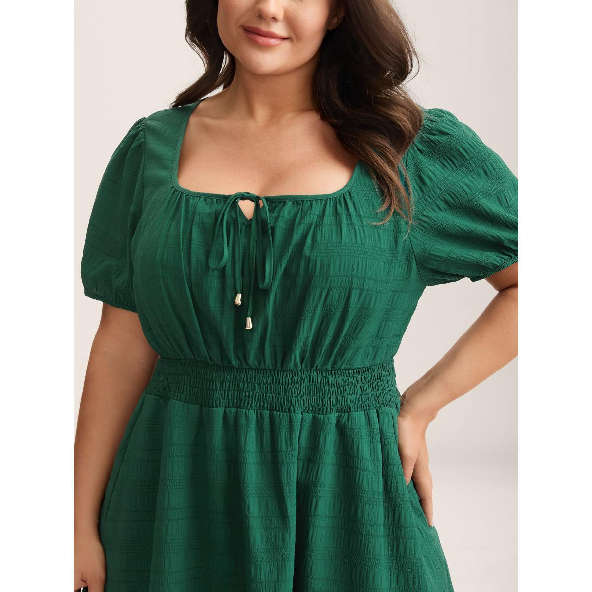 Plus Size Neck Tie Textured Layered Hem Midi Dress DarkGreen Women Square Neck Short sleeve Curvy BloomChic 28/5X Product Image