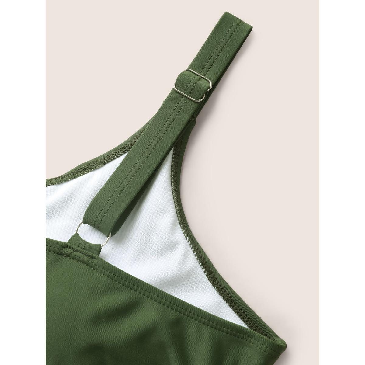 Plus Size Solid O Ring Buckle Detail Ruffle Trim Swim Dress Women's Swimwear Moss Beach Bodycon Heart neckline High stretch Curve Swim Dresses BloomChic 10/M Product Image