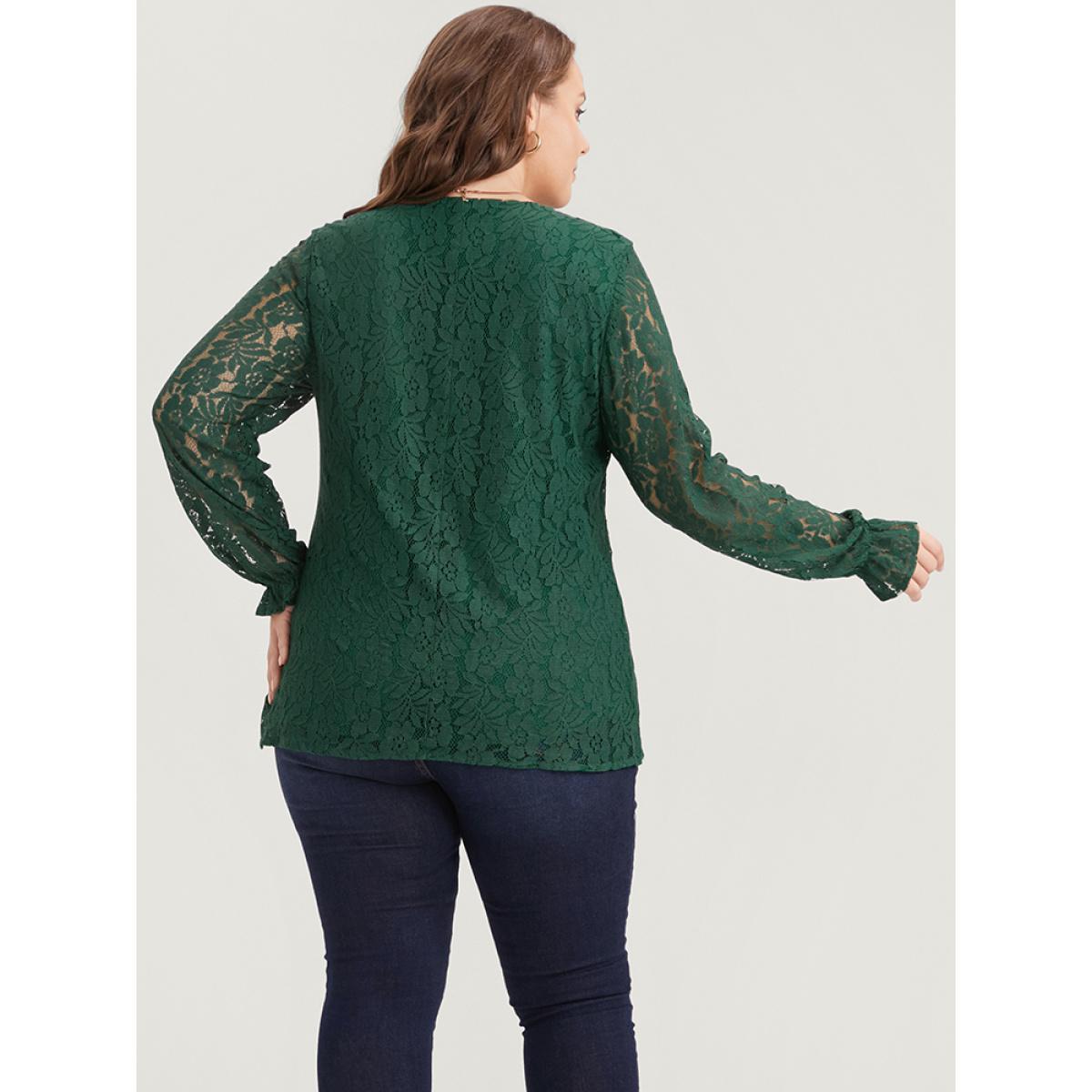 Plus Size Green Solid Crochet Lace V Neck Blouse Women Glamour Long Sleeve V-neck Going out Blouses BloomChic 18-20/2X Product Image