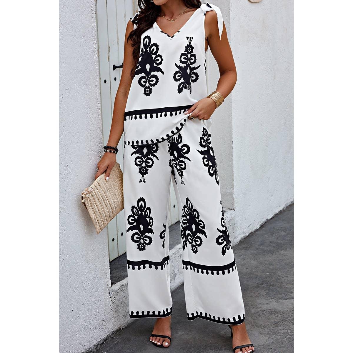 Floral Knot Shoulder Sleeveless Elastic Waist Sets Product Image