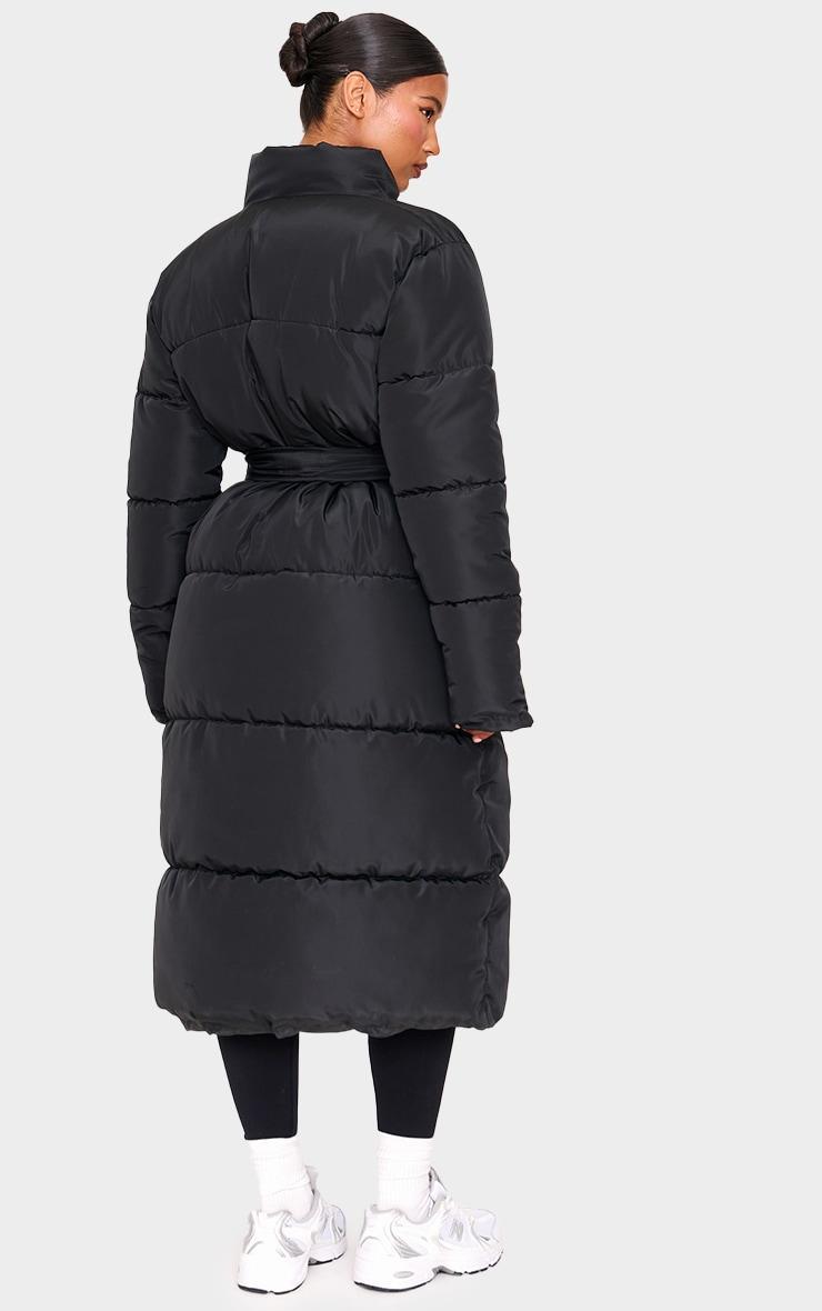 Black Quilted Longline Tie Waist Puffer Coat Product Image