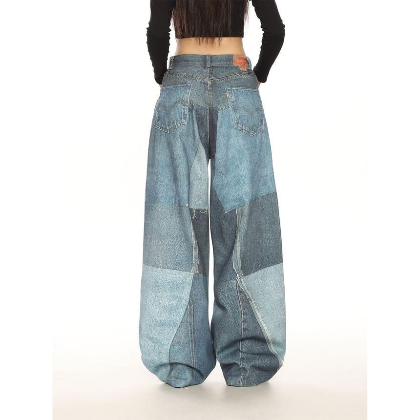 Mid Rise Patchwork Washed Wide Leg Jeans Product Image