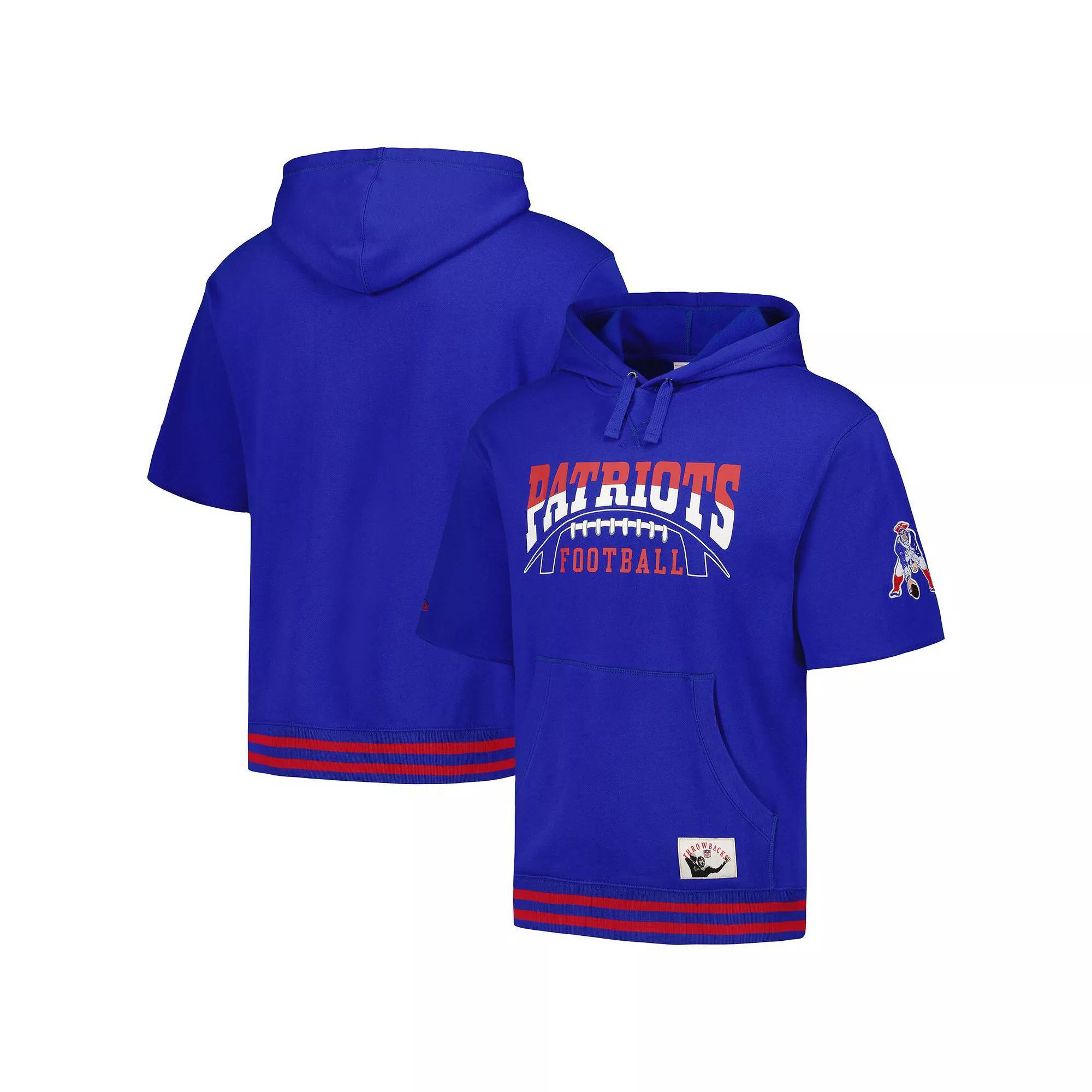 Men's Mitchell & Ness  Royal New England Patriots Pre-Game Short Sleeve Pullover Hoodie, Size: 2XL, Blue Product Image