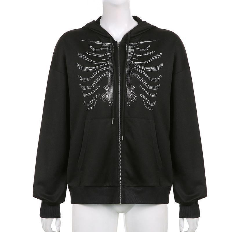 Oversized Rhinestone Ribcage Motif Zip Hoodie Product Image