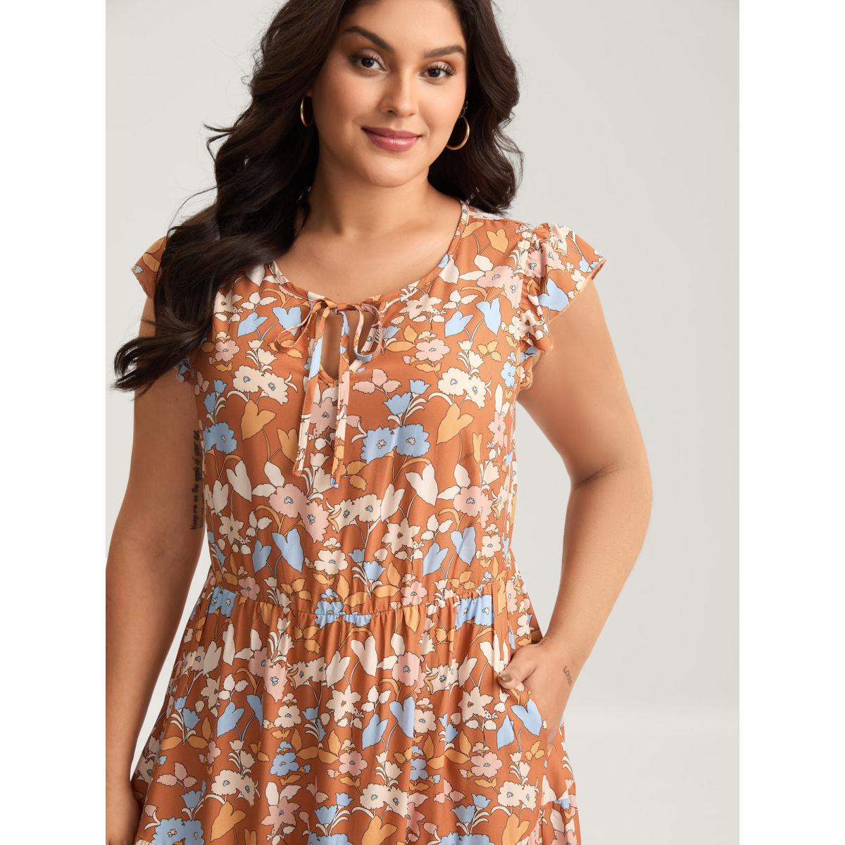 Plus Size Rayon Floral Stretchy Waist Pockets Midi Dress Lightorange Women Notched collar Cap Sleeve Curvy BloomChic 12/L Product Image