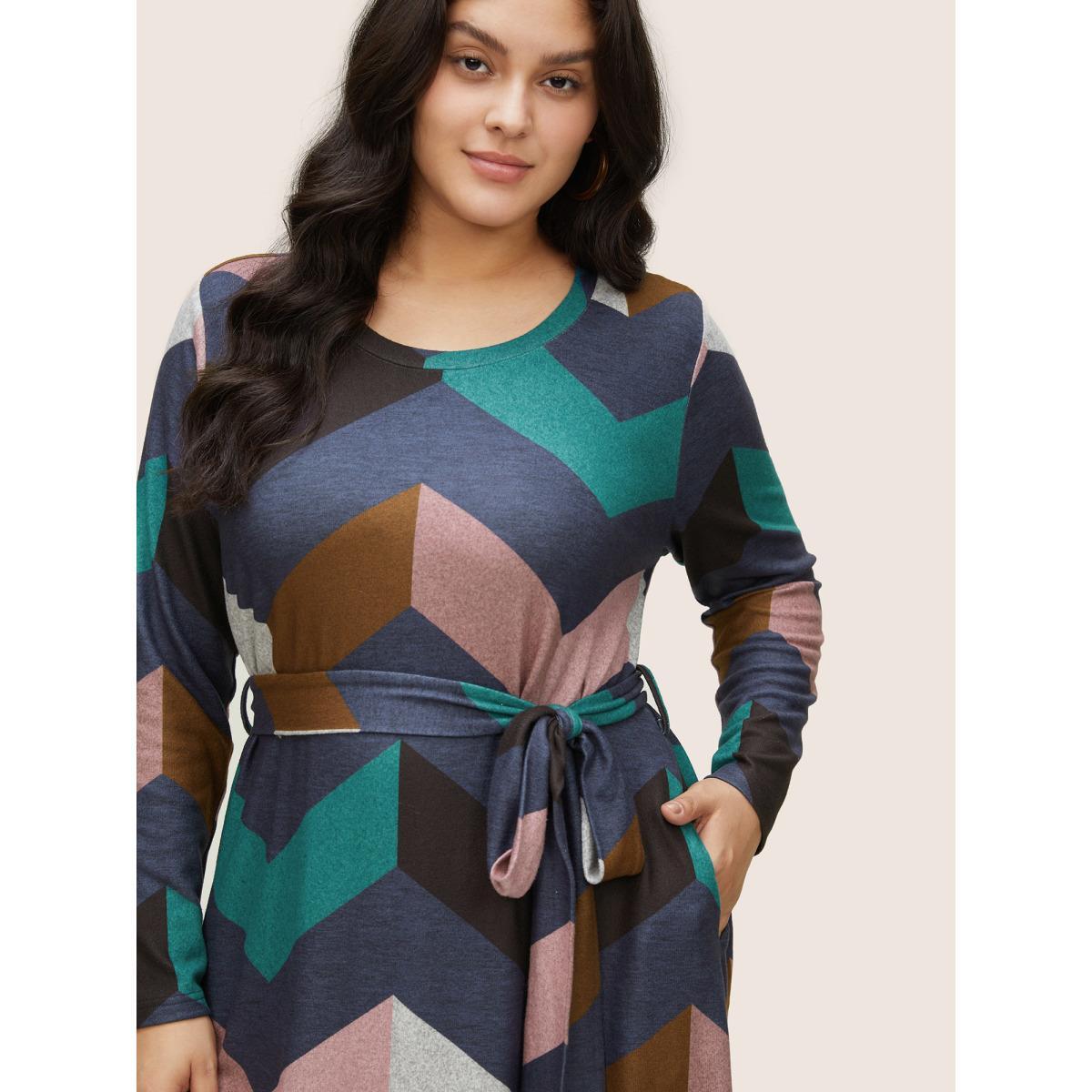 Plus Size Crew Neck Contrast Colorblock Belted Dress Multicolor Women Casual Belted Round Neck Long Sleeve Curvy Midi Dress BloomChic 28/5X Product Image