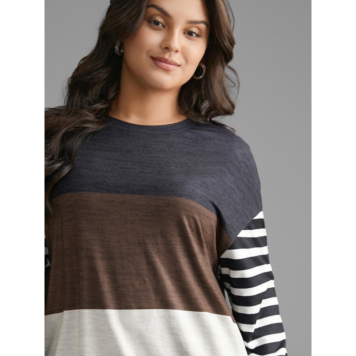 Plus Size Round Neck Striped Patchwork Contrast Sweatshirt Women Multicolor Casual Contrast Loose Round Neck Everyday Sweatshirts BloomChic 10/M Product Image