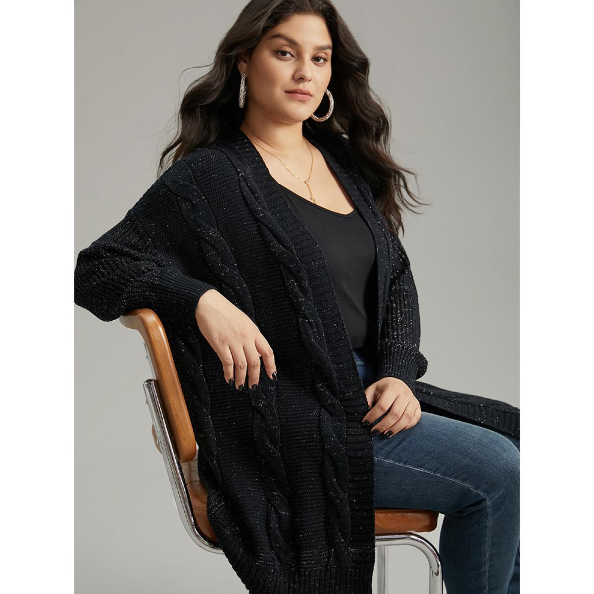Plus Size Lurex Cable Knit Drop Shoulder Cardigan Black Women Casual Loose Long Sleeve Dailywear Cardigans BloomChic 26/4X Product Image