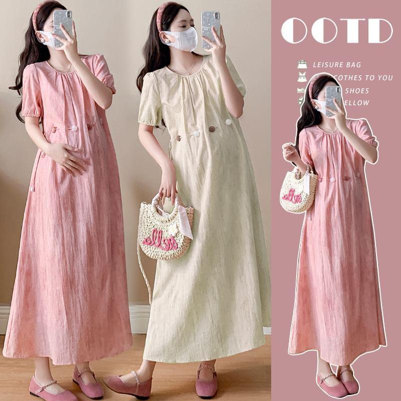 Maternity Short Sleeve Round Neck Beaded Drawstring Waist Maxi A-Line Dress Product Image