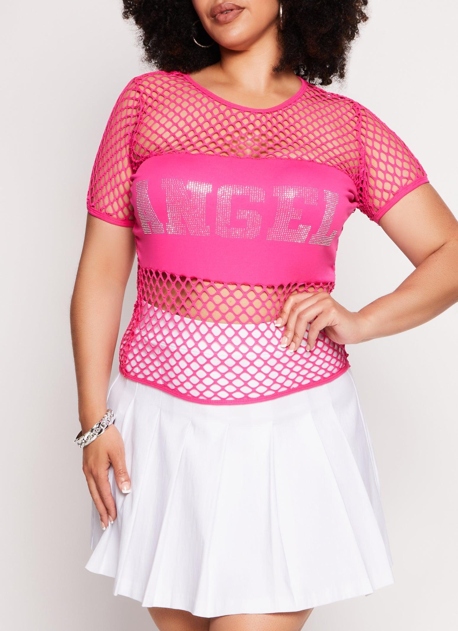 Womens Plus Size Fishnet Angel Rhinestone Graphic Tee Product Image