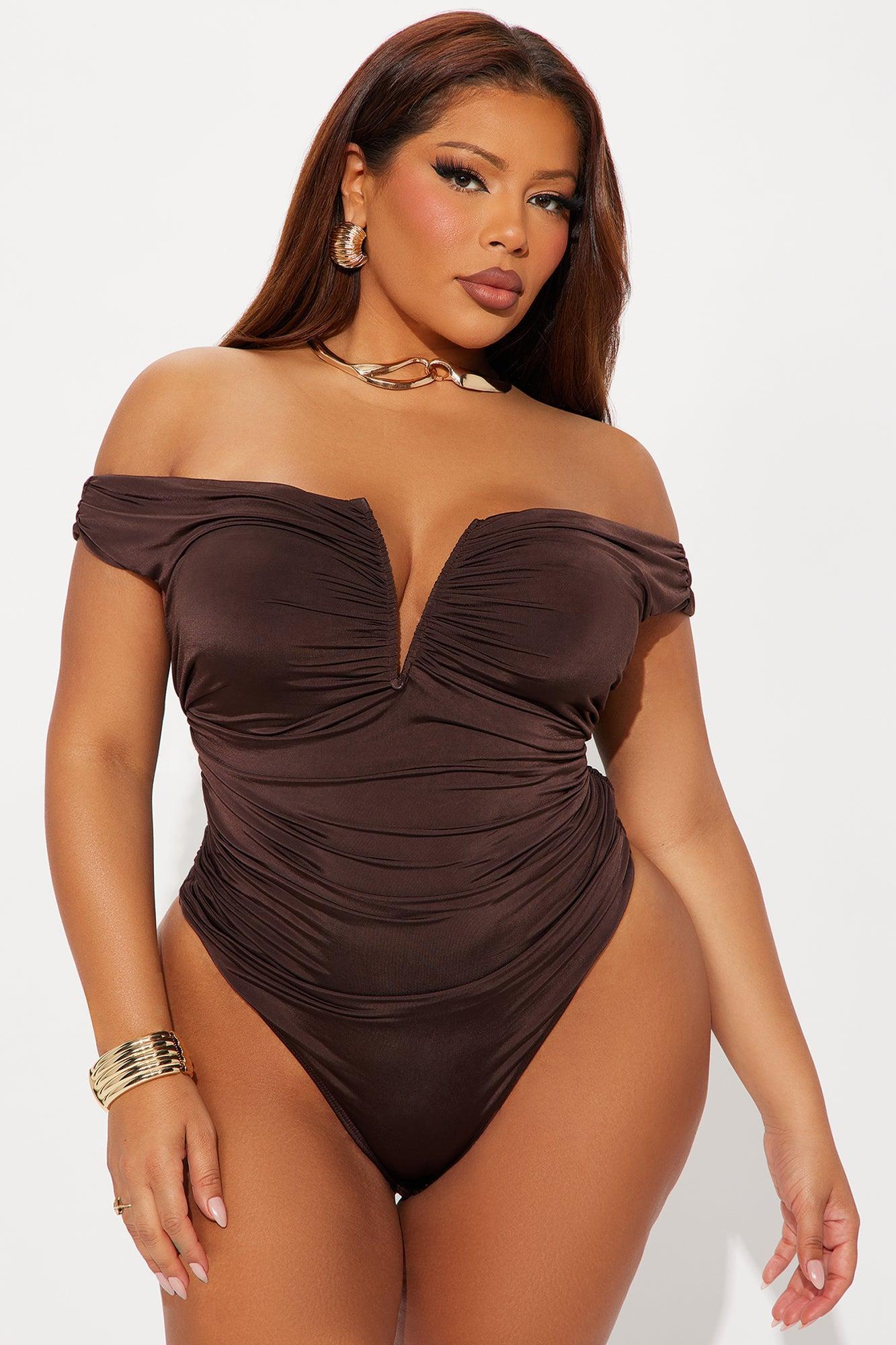 Kore Ruched Off Shoulder Bodysuit - Brown Product Image