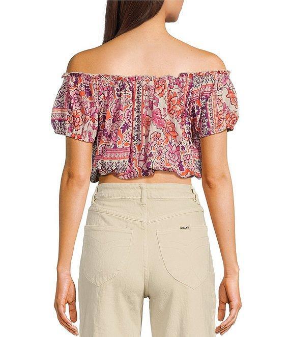 Angie Patch Print Off-The-Shoulder Cap Sleeve Crop Top Product Image