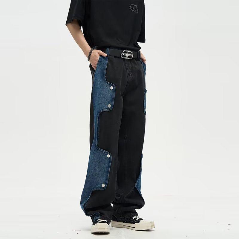 Mid Rise Washed Panel Straight Leg Jeans Product Image