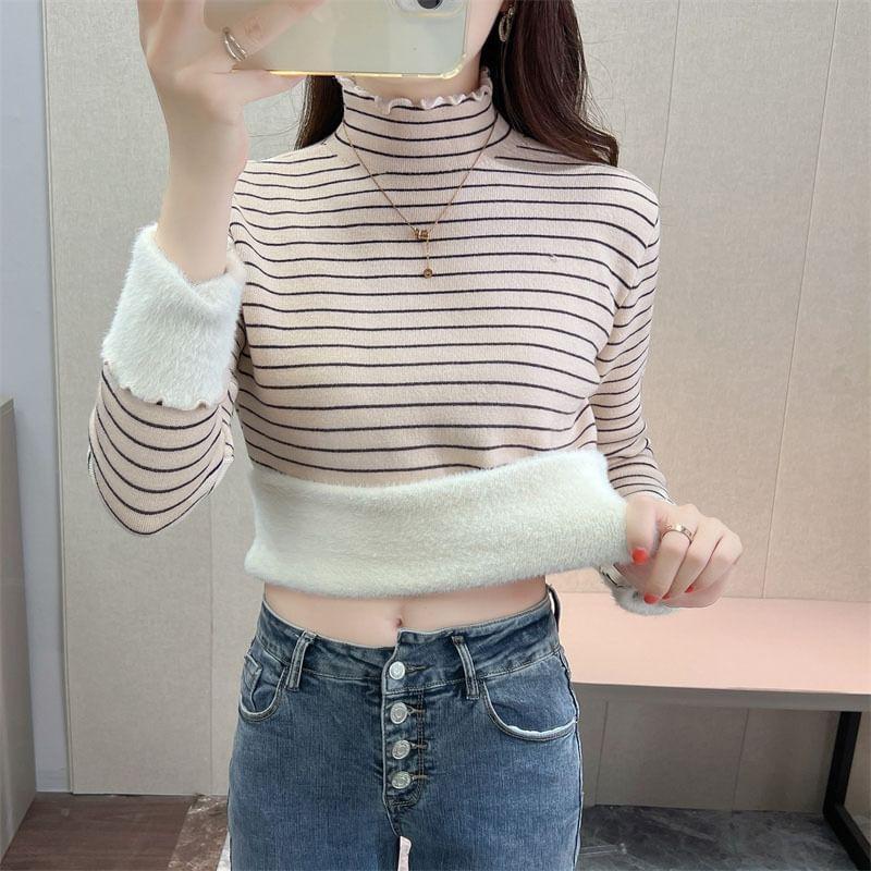 Long Sleeve Ruffle Mock Neck Striped Cropped Knit Top Product Image