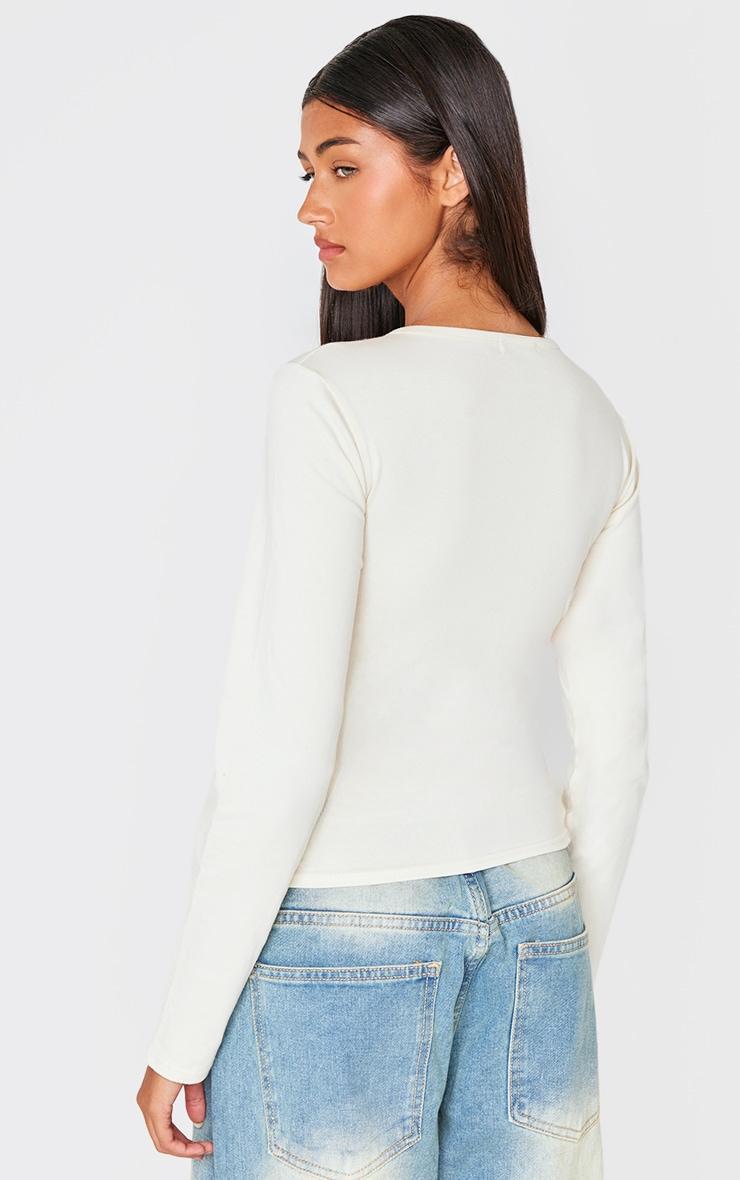 Cream Cotton Crew Neck Long Sleeve Fitted T Shirt Product Image