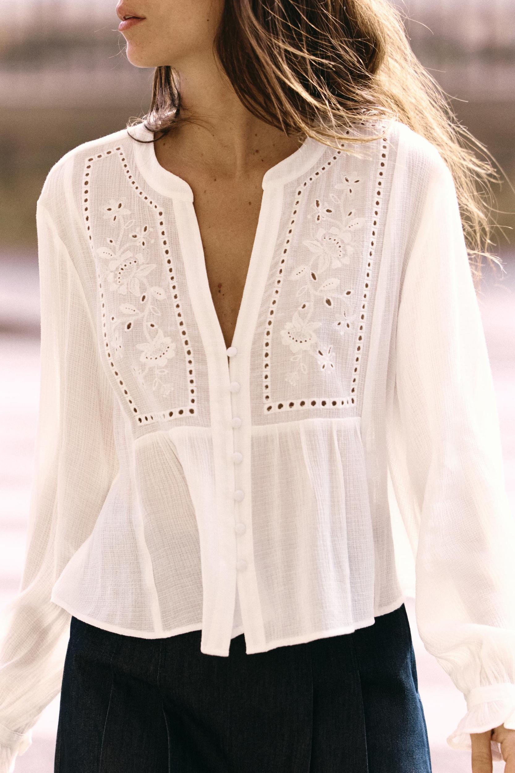 EMBROIDERED EYELET CROPPED BLOUSE Product Image