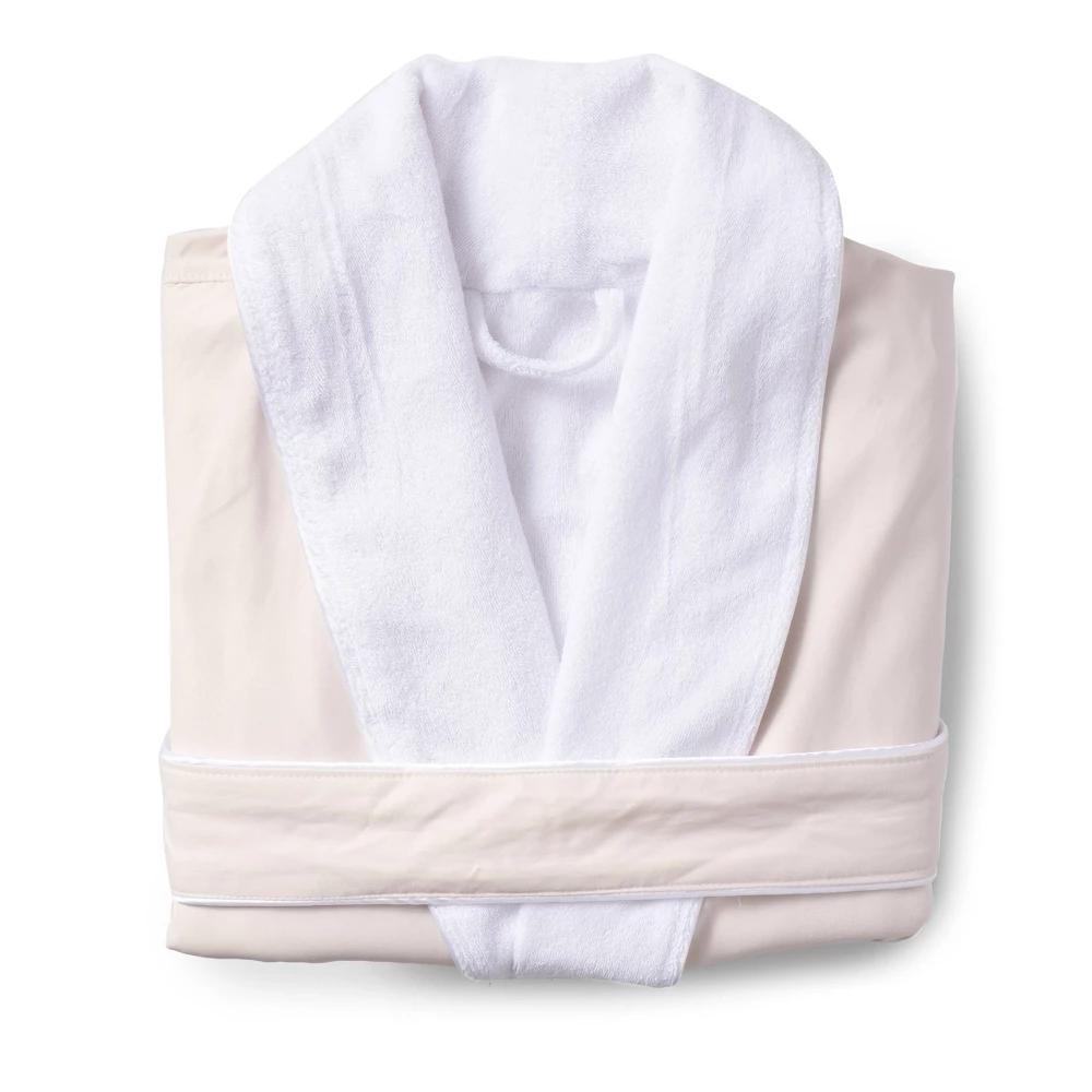 S/M Platinum Bath Robe Cream - Cassadecor: Cotton Terry, Long Sleeve, V Neck Shawl Collar, Front Tie Closure Product Image