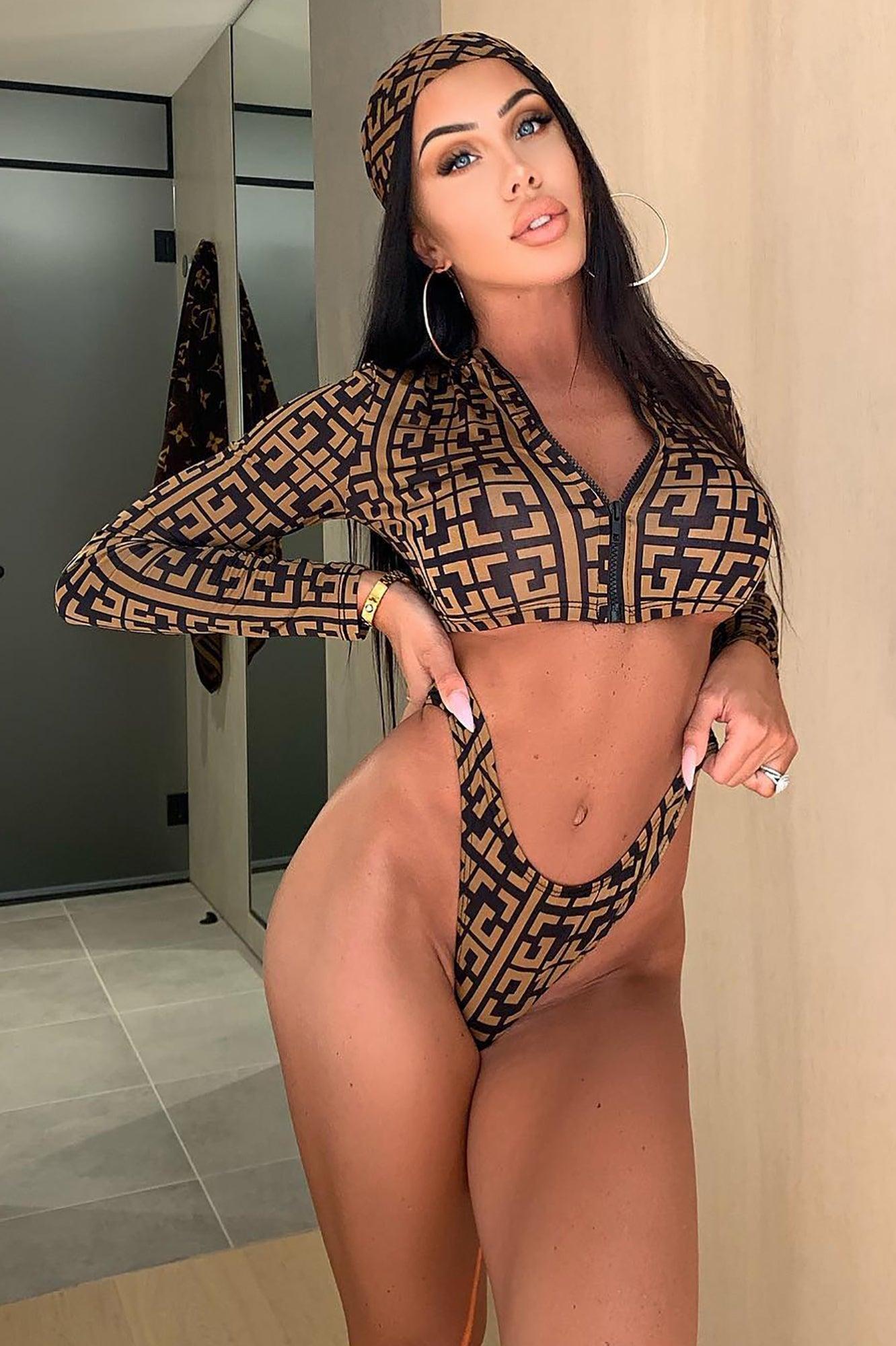 Adella 3 Piece Sunkini Set - Brown/Black Product Image