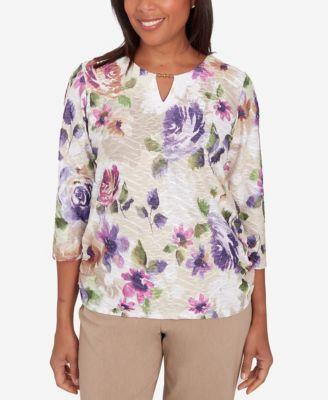 Alfred Dunner Charm School Womens Embellished Keyhole Floral Textured Top Product Image