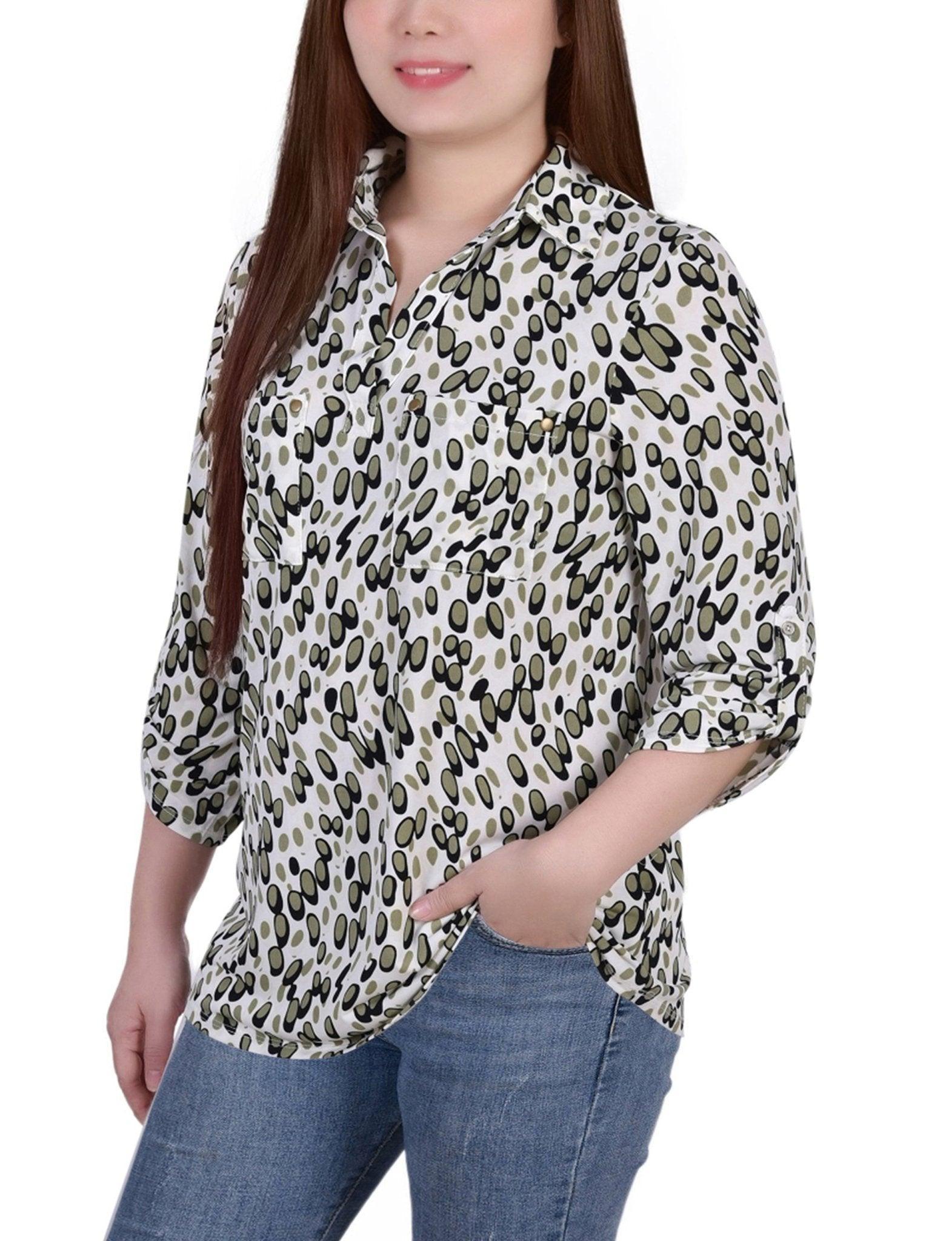 Grey Abstract Dots 3/4 Roll Tab Sleeve Studded Y Neck Top - Petite Product Image
