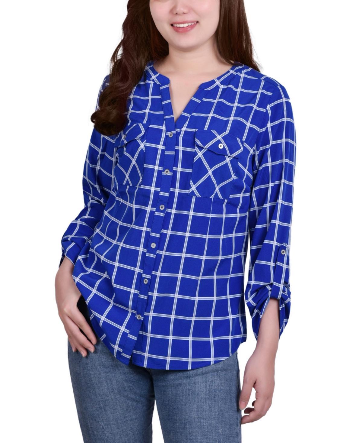 Petite 3/4 Sleeve Roll Tab Y Neck Blouse Product Image
