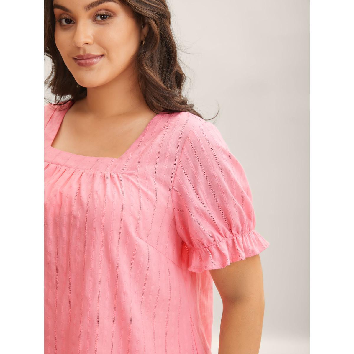 Plus Size Blush Cotton Square Neck Ruffled Sleeve Shirt Women Elegant Short sleeve Square Neck Everyday Blouses BloomChic 18-20/2X Product Image
