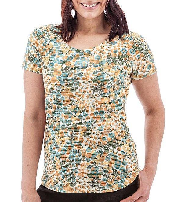 Aventura Charlie Floral Single Knit Jersey Scoop Neck Cap Sleeves Ruching Top Product Image