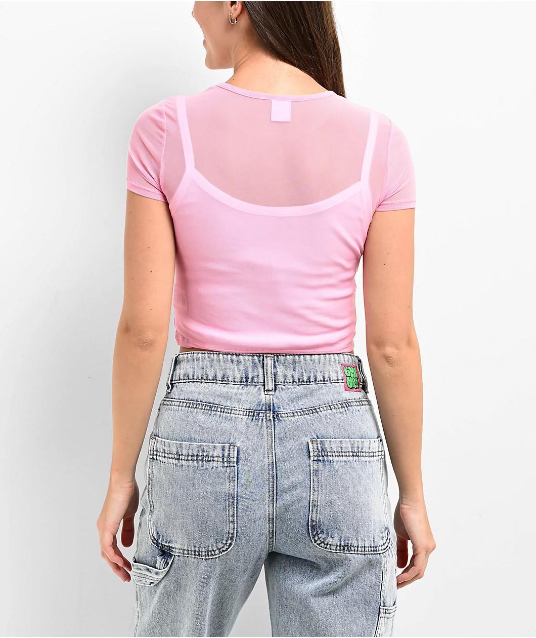 Zine Cashie Pink Mesh Crop T-Shirt Product Image
