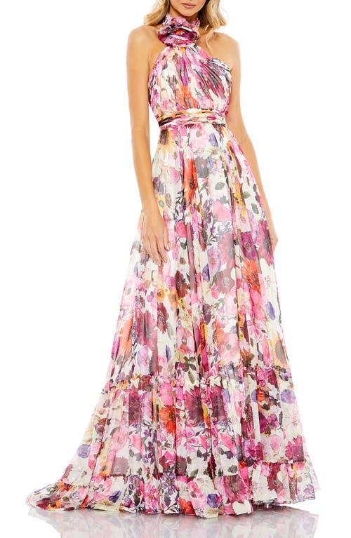 Mac Duggal Asymmetrical Ruffled Halter Floral Gown Product Image