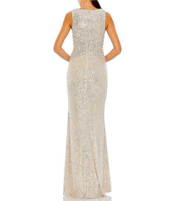 Mac Duggal V-Neck Sleeveless Ruched Waist Front Slit Sequin Gown Product Image