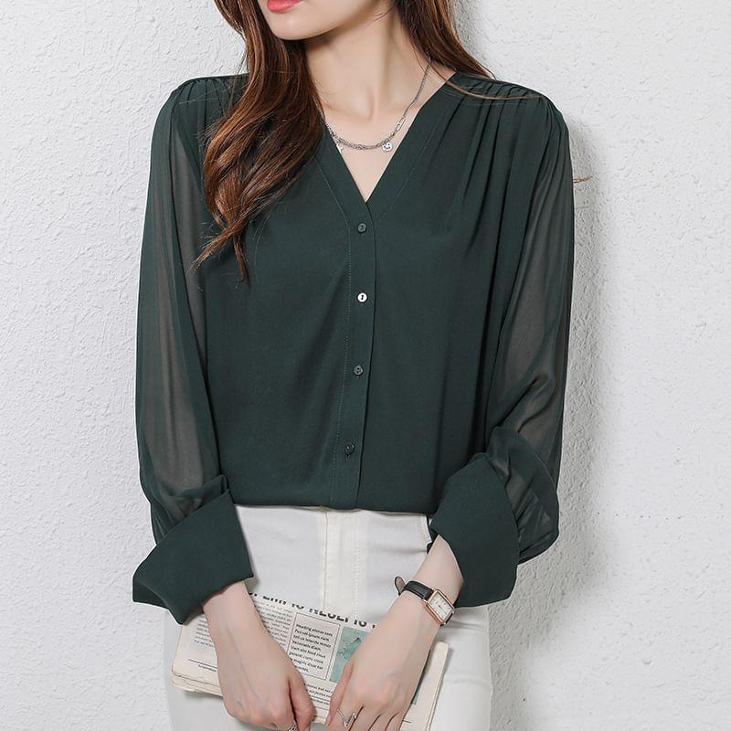 Long-Sleeve V-Neck Plain Blouse Product Image
