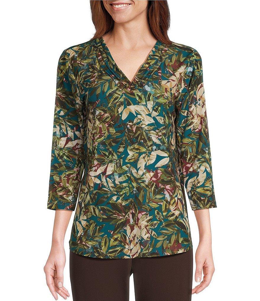 Allison Daley Layered Leaves Print Pleated 3/4 Sleeve V Neck Knit Top Product Image