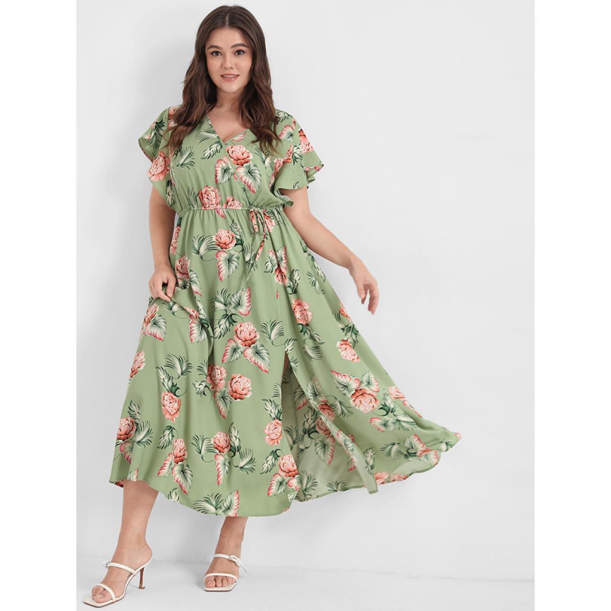 Plus Size Floral Ruffles Raglan Sleeve Ties Wrap Midi Dress LightGreen Women Elegant Printed V-neck Short sleeve Curvy Midi Dress BloomChic 10/M Product Image
