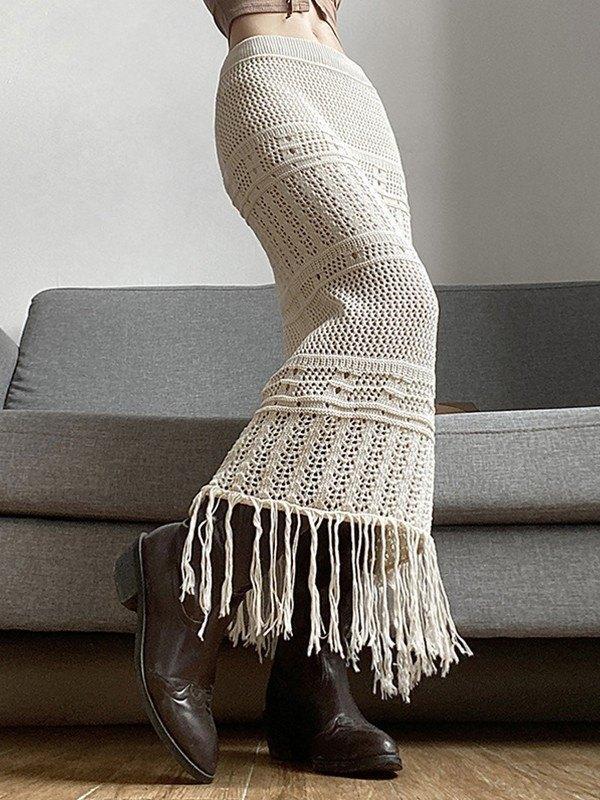 Fringed Crochet Hollow Knit Long Skirt Product Image